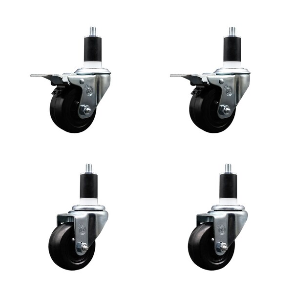 3'' Soft Rubber Swivel 1-1/2'' Expanding Stem Caster Set 2 Total Lock Brakes, 4PK
